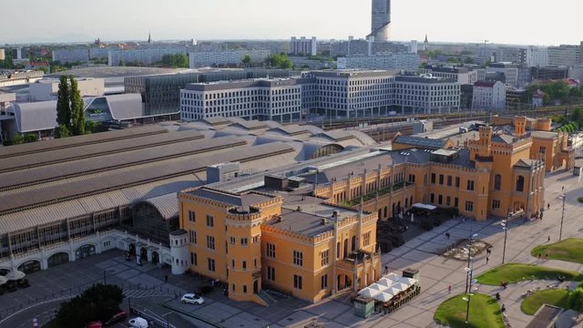 The drone flies over the city center of Wroclaw.