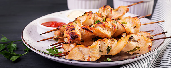 Chicken shish kebab. Shashlik - grilled meat and fresh vegetables.