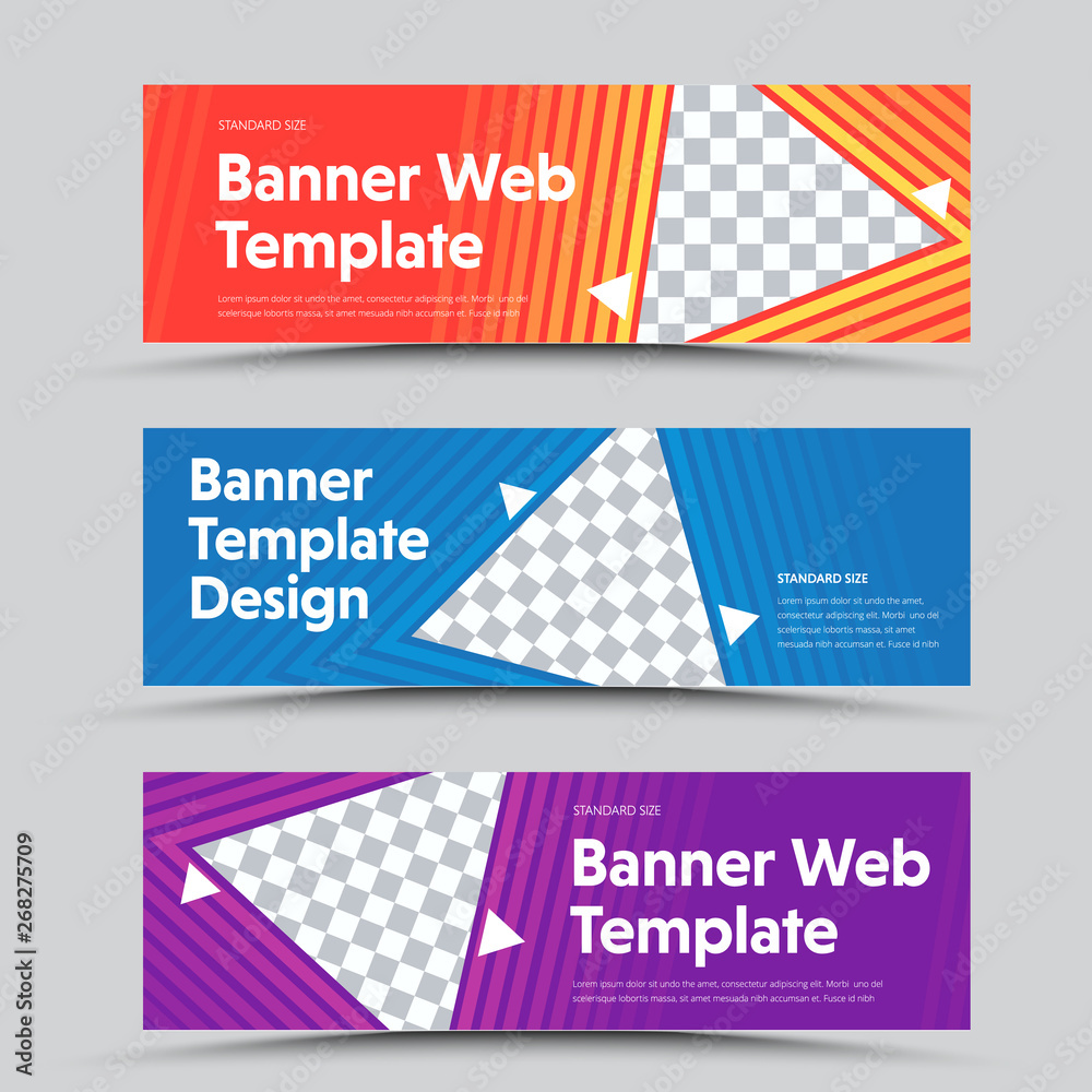 Poster Design of vector horizontal banners with a triangular shape for the photo and the outer color stroke.