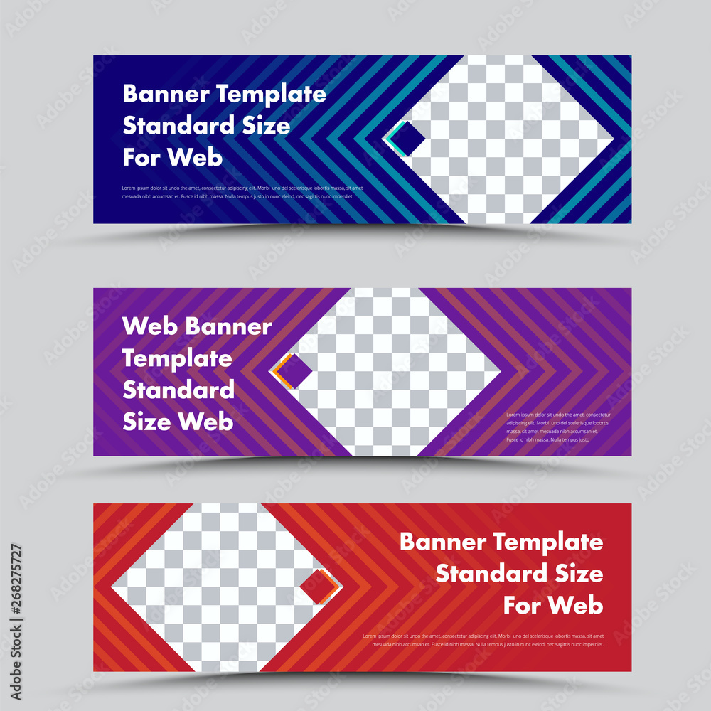 Poster template of vector horizontal banners with a rhombus for a photo and an external color stroke.