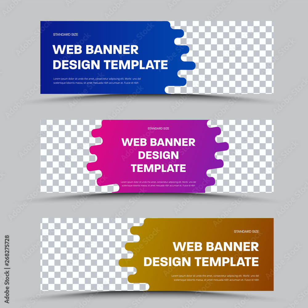 Poster Design of horizontal vector web banners with framed teardrop shape and place for photo.