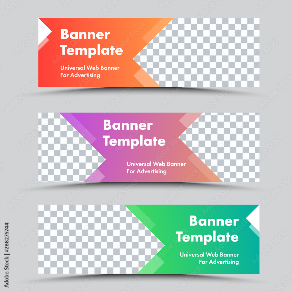 Poster Set of vector colored web banners with arrow shapes and place for photo.