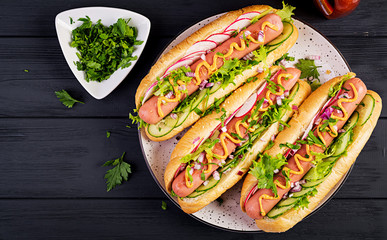 Hot dog with  sausage, cucumber, radish and lettuce on dark wooden background. Summer hotdog. Top view