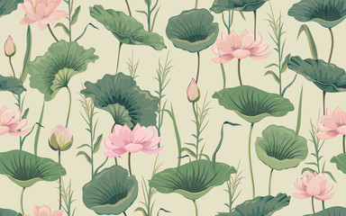 Seamless pattern with pink lotus and reeds