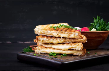 Tuinposter Amerikaans broodje warme kaas. Zelfgemaakte gegrilde kaassandwich voor het ontbijt. © timolina