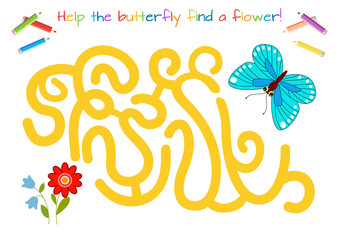 Funny little butterfly. Labyrinth, maze. Educational game for children. Cartoon vector illustration