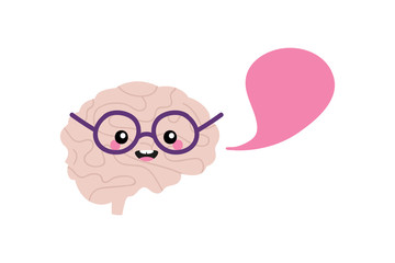 Cute smart brain character in glasses with speech bubble, talking, giving advice or information. 