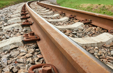 Children narrow gauge railway. Rails and sleepers on the background of the land and green grass....