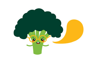 Cute smart broccoli character in glasses with speech bubble, talking, giving advice or information. 