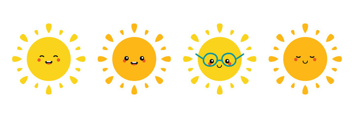 Set, collection of happy, smiling, joyful cartoon style sun characters for summer, vacation design.