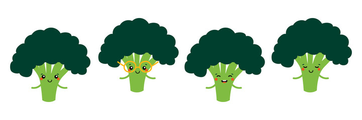 Set, collection of cute and smiling cartoon style broccoli characters for organic food and harvest design.