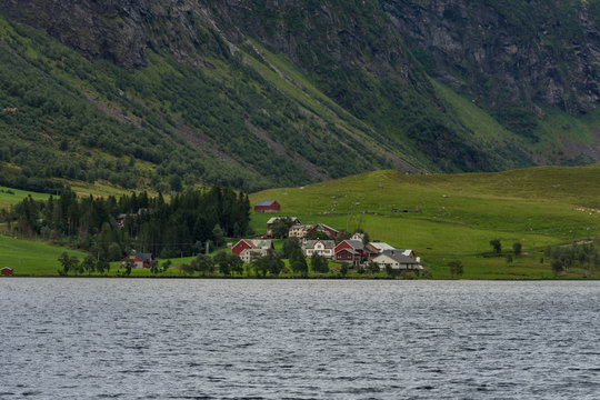Houses on the shore of lake Eidsvatnet, in Eidsdal, Norway