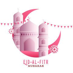 Eid-Al-Fitr Mubarak festival celebration. Illustration of pink mosque on white background for poster or banner design.