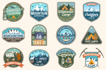 Set of mountain expedition and summer camp patches. Vector Concept for shirt or print, stamp, badge. Vintage typography design with forest camp, mountains expedition. Outdoors adventure emblems