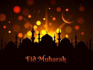 Eid Mubarak background with illustration of Mosque (Masjid) and moon for header  banner or poster design.