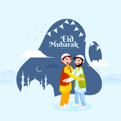 Beautiful poster and banner design with illustration of young happy men hugging each other in occasion of Islamic Festival Eid Mubarak.