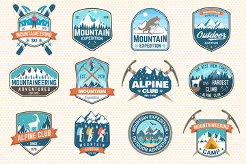 Set of mountain expedition patch. Vector. Concept for alpine club shirt or badge, print, stamp. Vintage typography design with mountaineers and mountain silhouette. Outdoors adventure emblems.