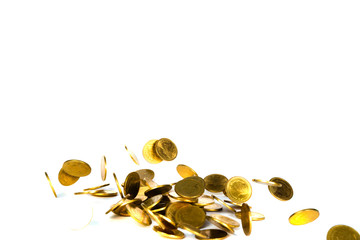 Falling gold coin, flying coin, rain money isolated on white background, business and financial wealth and take profit concept.