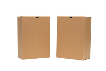 Brown cardboard shoes box with lid for shoe or sneaker product packaging mockup, isolated on white with clipping path.