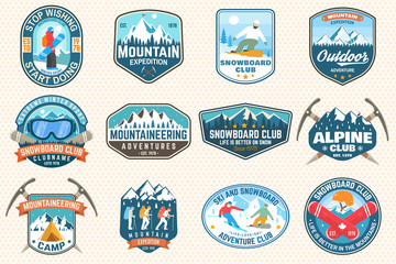 Set of mountain expedition and snowboard club patch. Vector. Concept for badge, print, stamp. Vintage typography design with mountaineers and mountain silhouette. Outdoors adventure emblems.