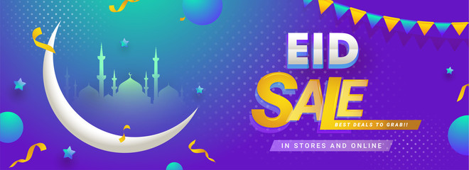Banner or poster design of Eid Festival Sale with heavy discount offer and different element decoration.