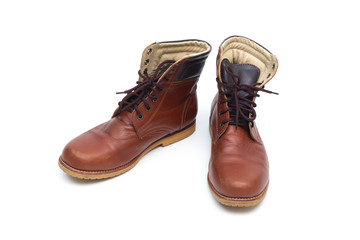 Male brown leather boot, footwear fashion isolated on white background.