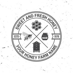 Honey farm badge. Vector. Concept for shirt, print, stamp or tee. Vintage typography design with bee, hive and honey dipper silhouette. Retro design for honey bee farm business