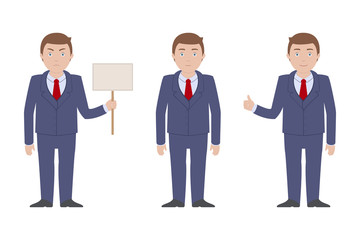 Emotions of Caucasian man in blue suit. Clip art. Vector illustration.