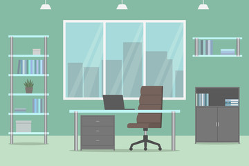 Home office design. Green wall. Vector illustration.