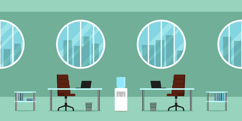 Open plan office interior. Round windows. Vector illustration.