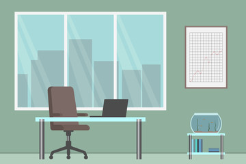 Office room with glass table and aquarium. Vector illustration.