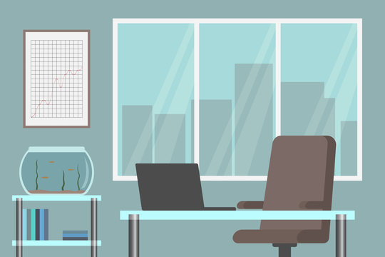 Office interior with glass desk and aquarium. Vector illustration.
