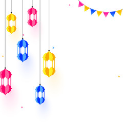 White background decorated colorful paper cut arabic lanterns with party flags and space for your message. Can be used as template or poster design.