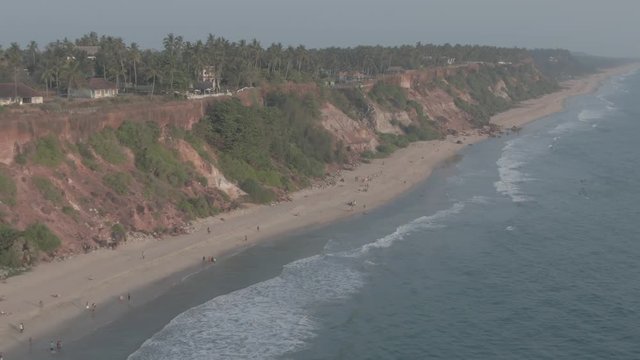 Varkala beach in Kerala, India, 4k aerial ungraded/flat