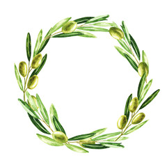 Watercolor olive wreath isolated on white background. Watercolour botanical illustration.