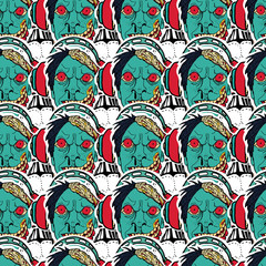 Fototapeta premium Modern seamless pattern with skulls, rock-music symbols, stars, lips, punk rock attributes.