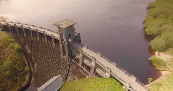 Alwen dam in north wales aerial view of centre dam building.