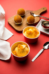 Bundi / Motichoor Ice cream is a fusion of Ice-cream with indian traditional sweet motichur laddoo from India, selective focus