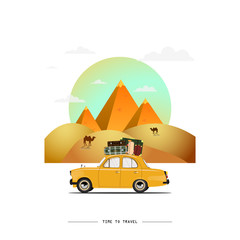Travel by car. Road trip. Time to travel, tourism, summer holiday. Egyptian great pyramids in the desert. Flat design vector illustration