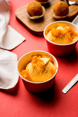 Bundi / Motichoor Ice cream is a fusion of Ice-cream with indian traditional sweet motichur laddoo from India, selective focus