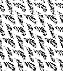 Seamless black and white pattern with branches and leaves in a row. Silhouette of vegetation. Herb background. Vector texture for fabrics, wallpapers and your creativity