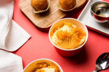 Bundi / Motichoor Ice cream is a fusion of Ice-cream with indian traditional sweet motichur laddoo from India, selective focus