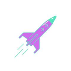 Purple and green flying rocket on a white background.