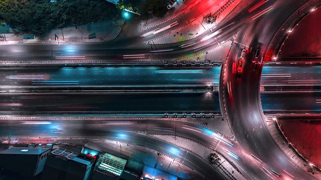 4K,Time lapse night  traffic of the road or expressway, motorway and highway in the detail of Circle intersection 