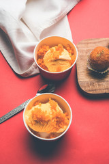 Bundi / Motichoor Ice cream is a fusion of Ice-cream with indian traditional sweet motichur laddoo from India, selective focus