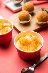 Bundi / Motichoor Ice cream is a fusion of Ice-cream with indian traditional sweet motichur laddoo from India, selective focus