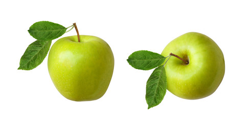 Set of green apples with leaves