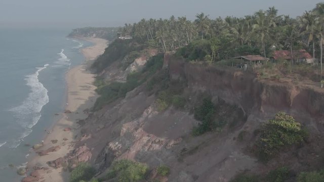 Varkala beach in Kerala, India, 4k aerial ungraded/flat