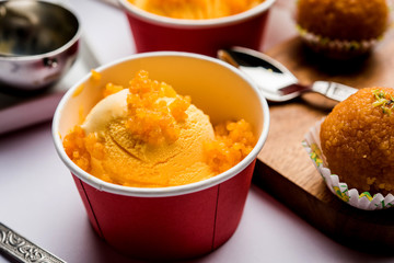 Bundi / Motichoor Ice cream is a fusion of Ice-cream with indian traditional sweet motichur laddoo from India, selective focus