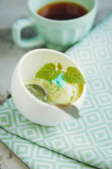 Homemade mint ice cream in white ice cream bowl
